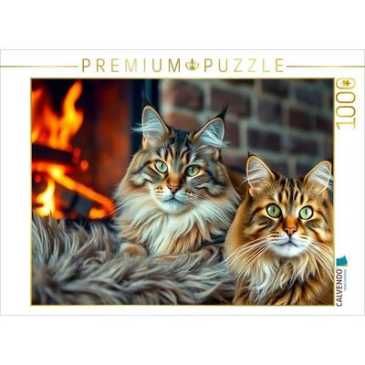CALVENDO Puzzle Main Coons - Kuscheln am offenen Kamin | 1000 Teile Lege-Größe 64x48cm Foto-Puzzle für glückliche Stunden