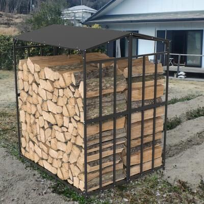 DynamicDeals Heavy Duty Outdoor Firewood Rack With Waterproof Cover, Square Strong Stand For Fireplace & Garden Firewood Storages black