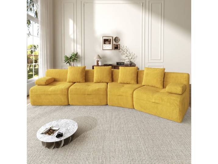 Canapé modulable 4 places en velours côtelé jaune vif sans montage garnissage mousse pour salon
