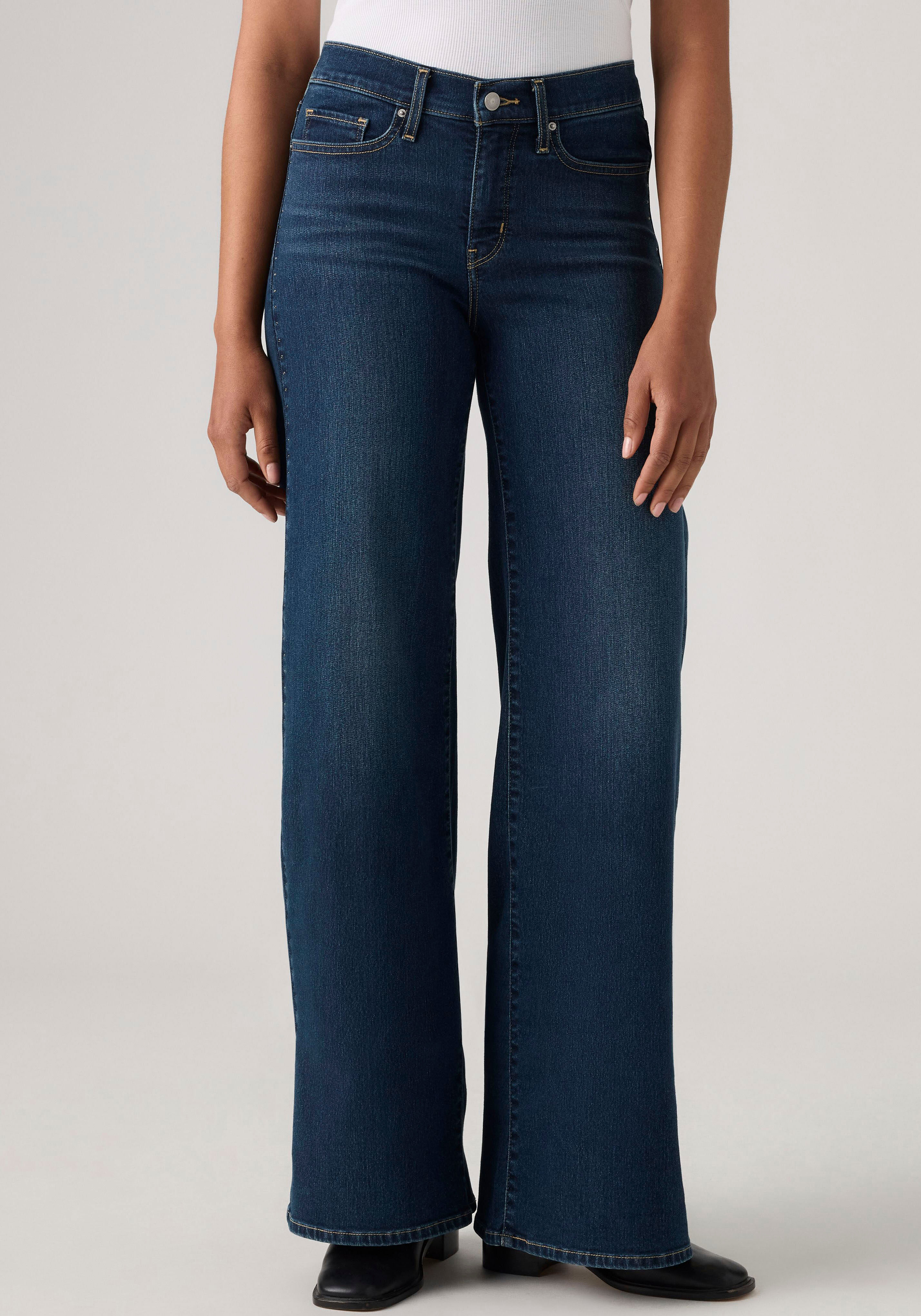 Weite Jeans LEVI'S "318 SHAPING WIDE LEG", Damen, Gr. 28, Länge 32, blau (holly glitz 318), Denim/Jeans, Obermaterial: 81% Baumwolle, 18% Polyester, 1% Elasthan, weit lang, Jeans Weite Jeans, Glitzerdetails holly glitz 318 28, Länge 32