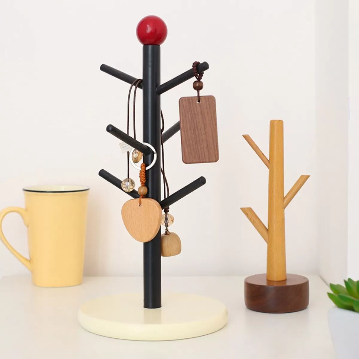INF Porte-tasses en bois massif - Organisateur de tasses avec porte-clés, présentoir indépendant et étagère d'égouttage Blanc + Noir