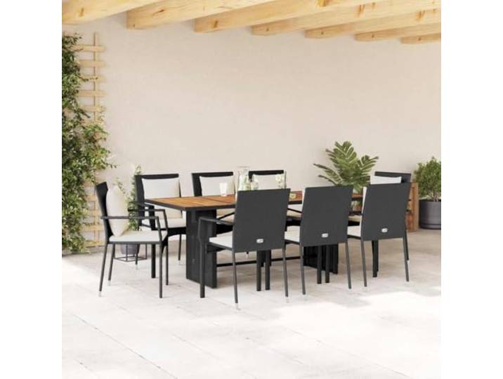 HEFZGDB 9-TLG. Garten-Essgruppe mit Kissen Schwarz Poly Rattan, Outdoor Esstischgruppe mit Akazienholz Tischplatte und pulverbeschichteten Stahlrahmen, langlebiges PE-Rattan