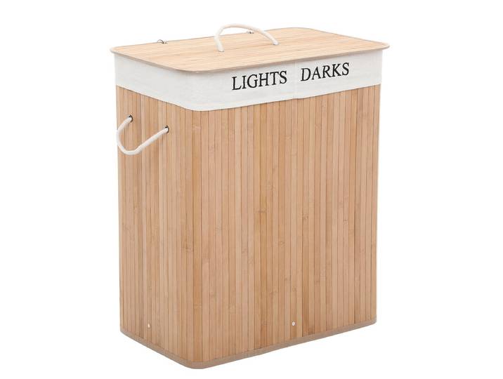 JOYFURNOS Panier à linge en bambou naturel avec 2 compartiments, 100 litres, pliable avec sac amovible, 52 x 63 x 32 cm