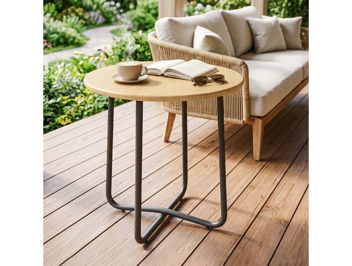 Outsunny Table Ronde Ø48cm Métal Bois Naturel Extérieur