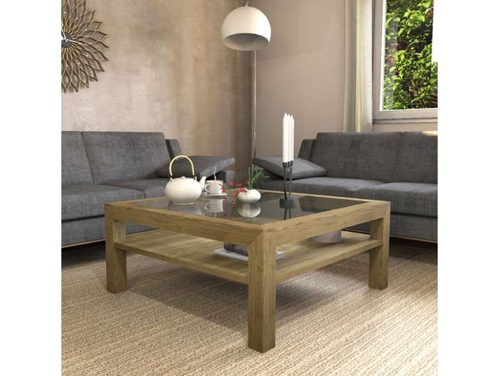 Quadratischer Massivholz-Couchtisch Eiche mit Glasplatte
