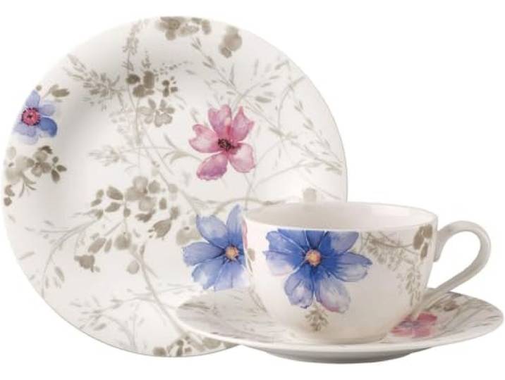 Villeroy & Boch - Mariefleur Gris Basic Kaffee Set 18 teilig Bunt Kaffeeservice 6 Personen, Tafelservice, Geschirr Set Blumig, Geschirrset Blumen, Blümchengeschirr, Premium Porzellan