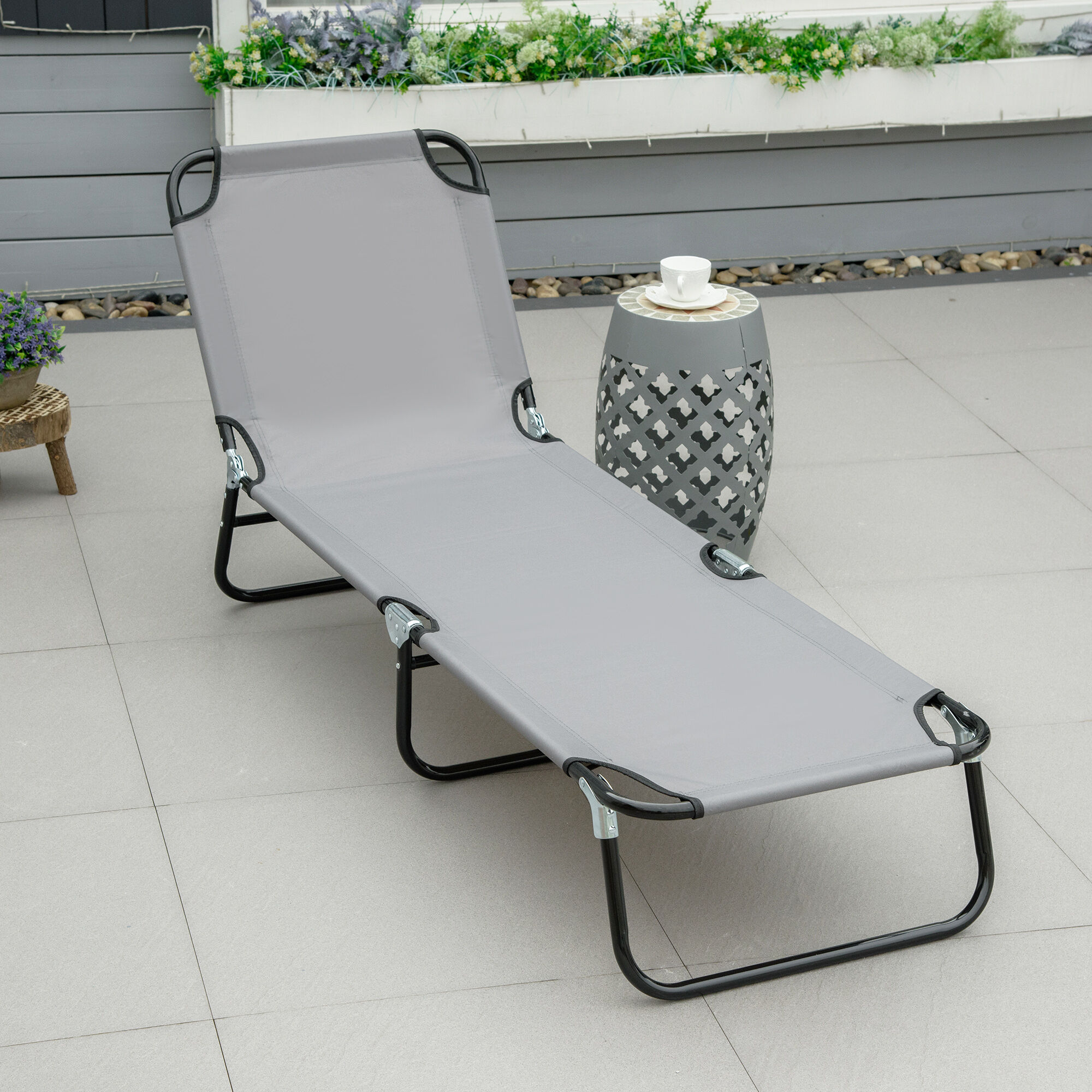 Altro Sdraio Da Giardino Pieghevole Con Schienale Regolabile, Acciaio E Tessuto Oxford, 188x56x28cm, Grigio