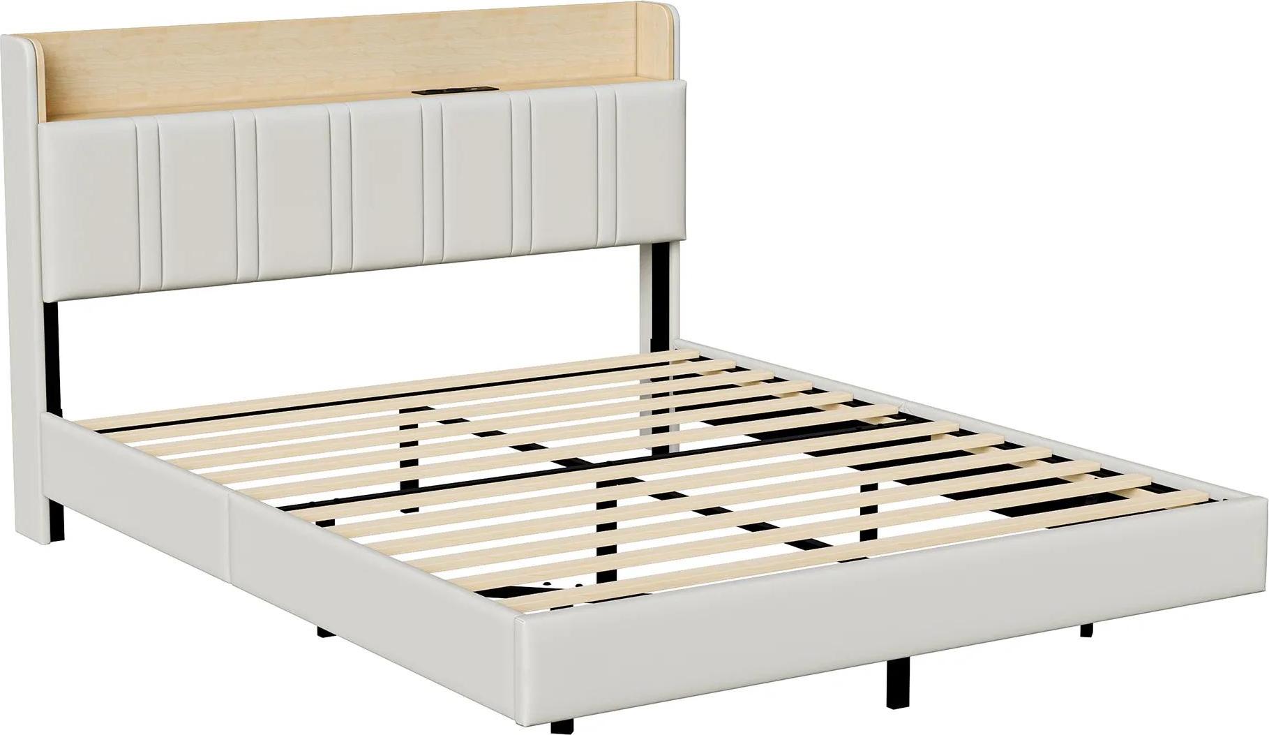 Bettgestell - Doppel-Plattformbett - 160×200 cm - Schwebende Optik - LED-Beleuchtung - Hohes Kopfteil mit Ladestation - Stauraum - Metallrahmen