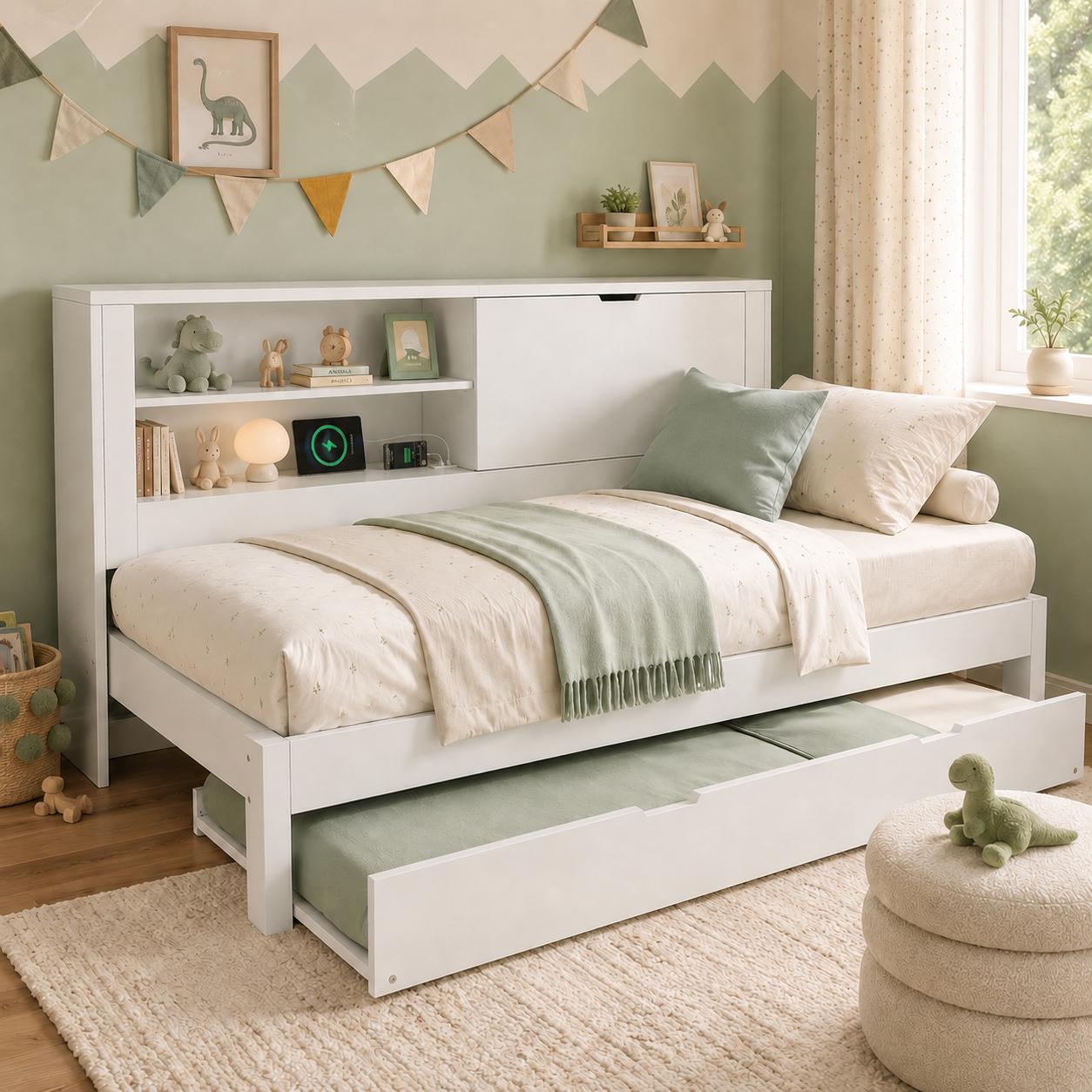Abrihome Schlafsofa Tagesbett 90×190 cm mit Ausziehbett, Kinderbett Holzbett mit Staufach, Lattenrost und USB, Weiß