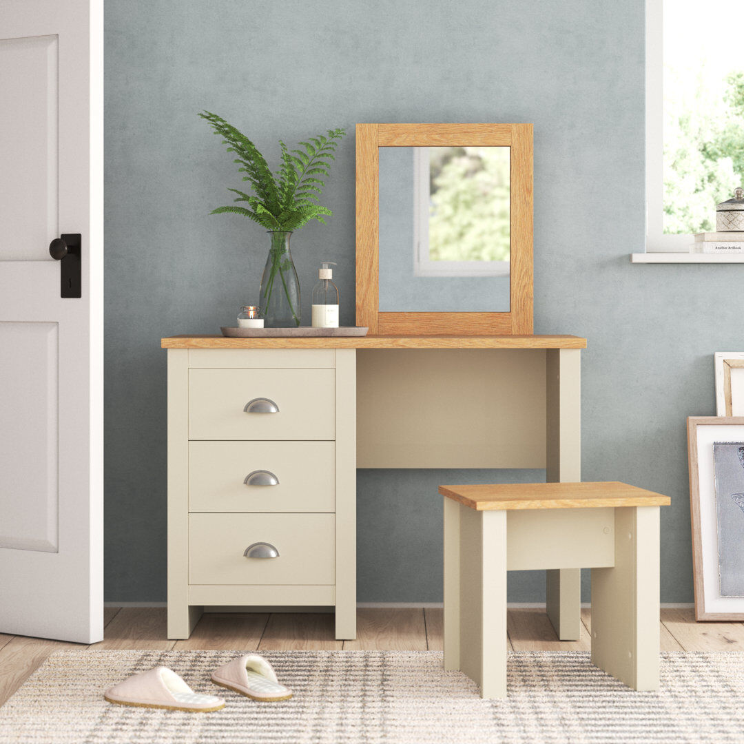 Fernleaf Aquitaine Dressing Table with Mirror and Seat and Storage Included Cream/Oak 122cm H X 104cm W X 40cm D