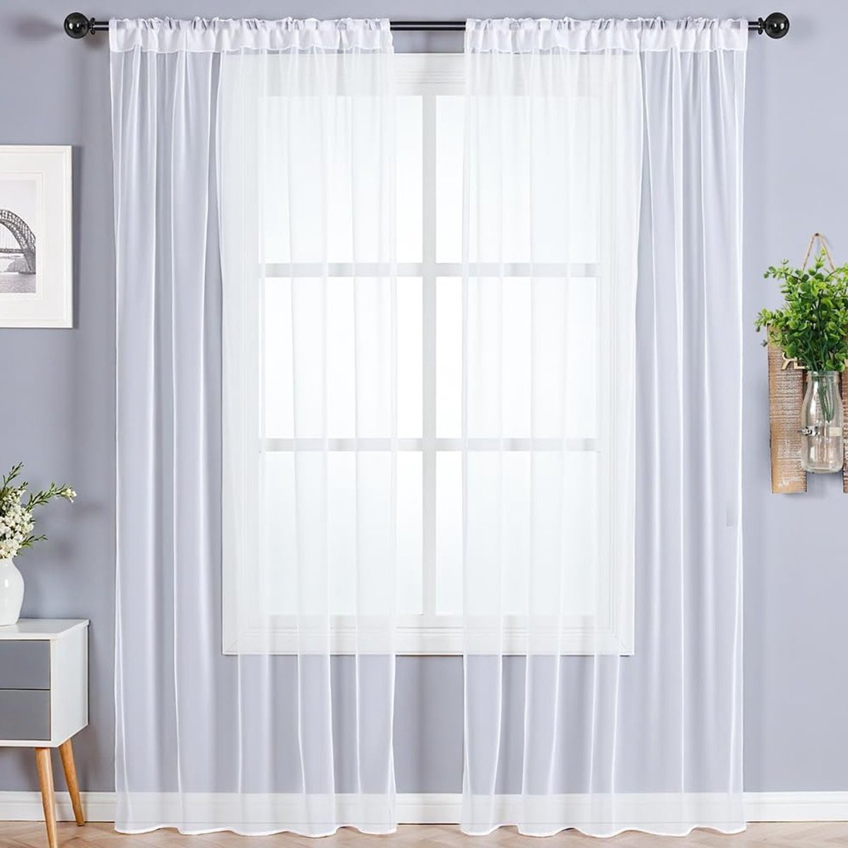 Set van 2 Translucente Voile Gordijnen van 100% Polyester voor Woonkamer en Slaapkamer - Transparant