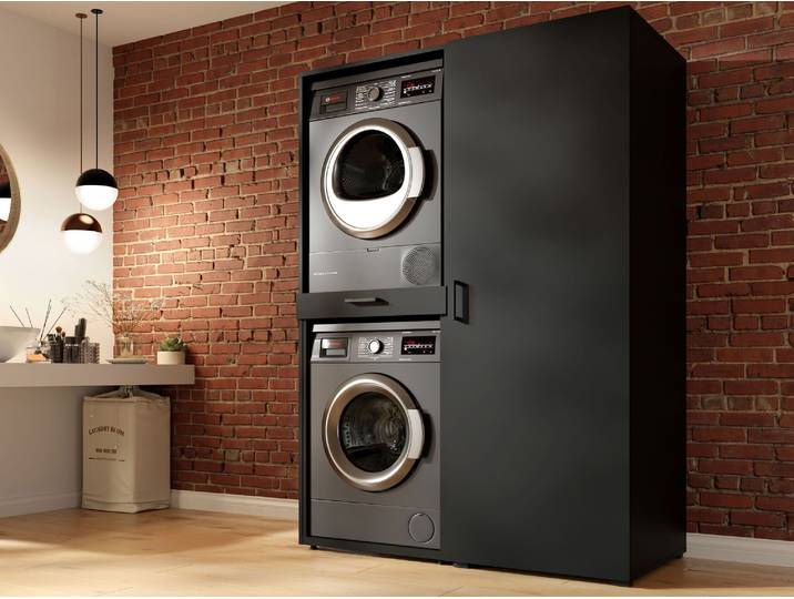 Meuble WASHING 2 machines superposées avec armoire 1 porte noir