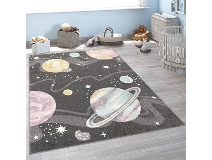 Paco Home Kinderteppich Teppich Kinderzimmer Junge Mädchen Modern Weltraum Planeten Sterne Weich Anthrazit Mehrfarbig, Grösse:160 cm Rund