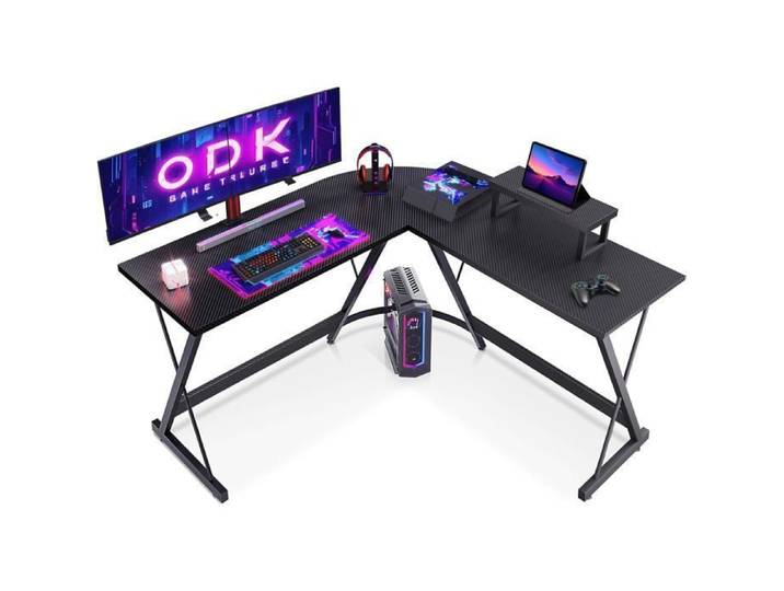 Bureau Gaming Angle Coleshome Fibre de Carbone Noir 127x127cm Support pour Moniteur Table en L