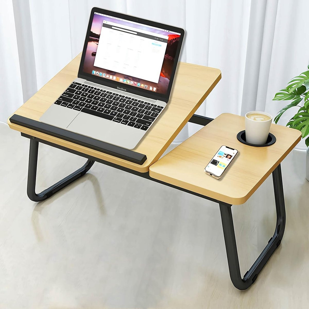 Verstelbare inklapbare laptoptafel en bedtafel in lichtbruin hout