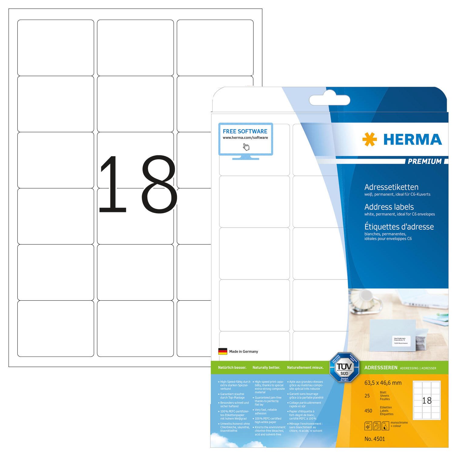 HERMA Adressetiketten PREMIUM 63,5 x 46,6 mm, weiß 4501