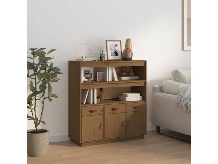 Buffet haut - ALOMEJOR - Marron miel - Bois massif de pin - 100x40x108 5 cm - 3 portes et 3 tiroirs