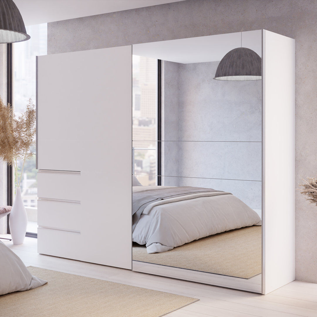 17 Stories Tanima Modern wardrobe with 2 doors, 3 drawers, large mirror, clothing rails and shelves, engineered wood, matte white, 249 cm W x 200.5 cm H x 61 cm Silver 200.5cm H X 249cm W X 61cm D