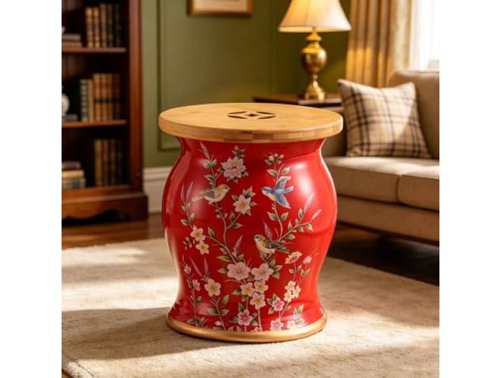 Chinoiserie Keramik Gartenhocker mit Stauraum,Dekorativer Trommelhocker Keramik Trommelhocker Chinoiserie mit Abdeckung,Mehrzweck Hocker, Beistelltisch für Wohnzimmer Foyer, Terrasse(19)