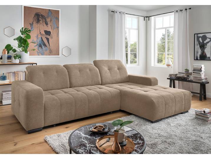 Ecksofa mit Sitztiefenverstellung Braun Webstoff Jimin 290 x 102 x 185cm Longchair davorstehend rechts Modern