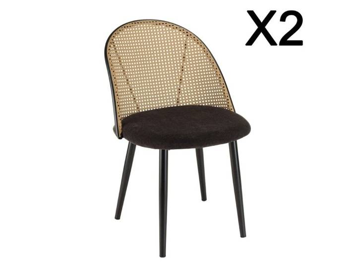 MACABANE LEA - Lot de 2 chaises assise tissu noir dossier arrondi effet cannage