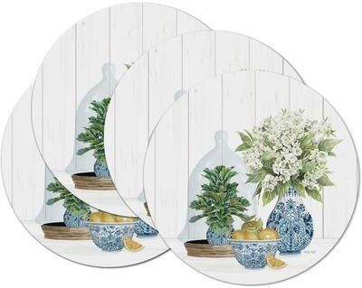 CounterArt Blue & White Pottery Round Reversible Easy Care Flexible Plastic Placemat 4 Pack Made in The USA