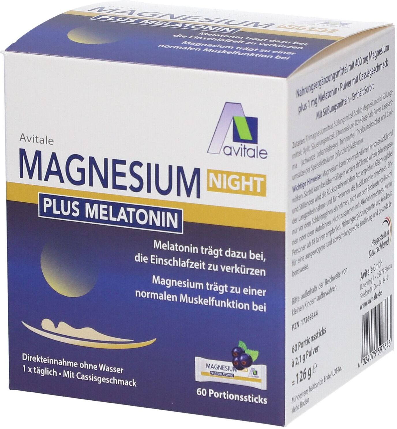 Avitale Magnesium Night plus 1 mg Melatonin Direktsticks 60 St Pulver