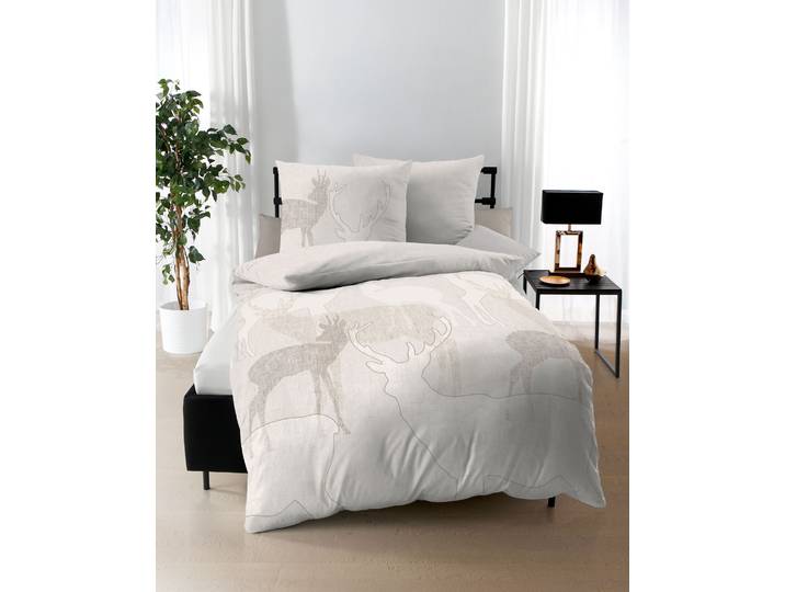 Bettwäsche KAEPPEL Hirsche , beige (natur), B/L: 155cm x 220cm, 1 Stk., 1 Stk., Feinbiber, B/L: 80cm x 80cm, 2 Stk., Feinbiber, Obermaterial: 100% Baumwolle, Bettwäsche, Bettwäsche, mit Hirschen