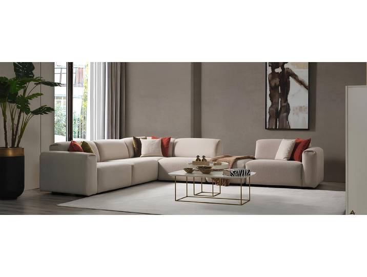 Xlmoebel Ecksofa Beiges Designer Ecksofa von XLMOEBEL mit Kissen und Holzgestell, Ecksofa 1 Teile, Made in Europa