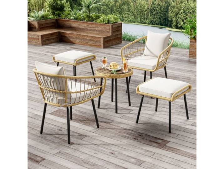 Mobilier de jardin 5 pièces en rotin naturel ensemble tables et chaises de jardin pour 4 personnes avec table chaises et tabourets