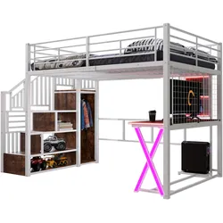 MODFU Hochbett 140x200 mit LED-Beleuchtung, Ablageleiter, Schreibtisch und Kleiderschrank, Weiß – Multifunktionales Design für moderne Räume