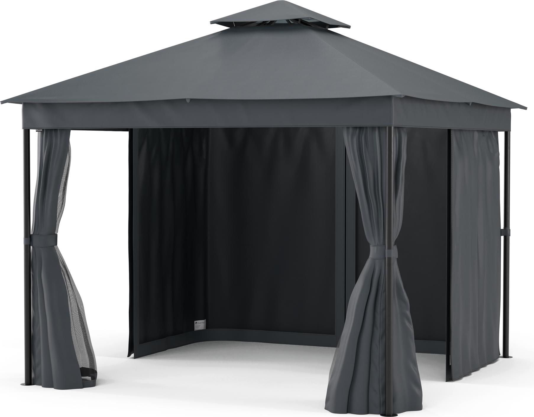 Blumfeldt Mondo Dual Pavillon 3x3 - Doppeldach & Moskitonetze, Wetterfester Metallrahmen, Vorhänge Für Privatsphäre, Gartenpavillon, Leicht Zu Montieren, Dunkelgrau