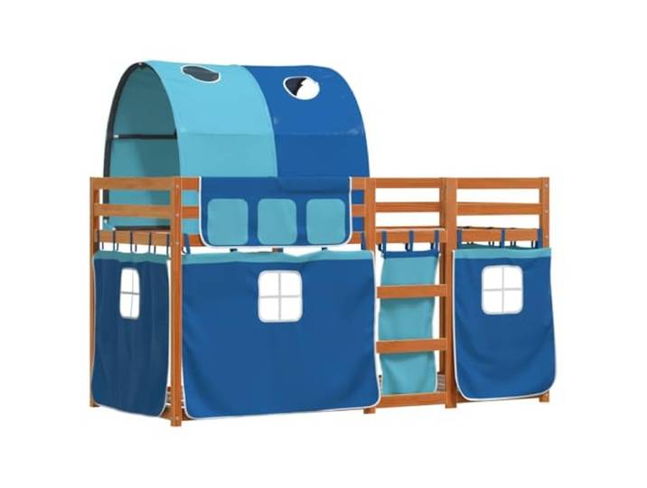 KTHLBRH Etagenbett 90 x 200 cm Massivholz Kiefer blau Sicherheitsgitter 4 Seiten, Leiter inklusive, Vorhänge aus Polyester, ohne Matratze