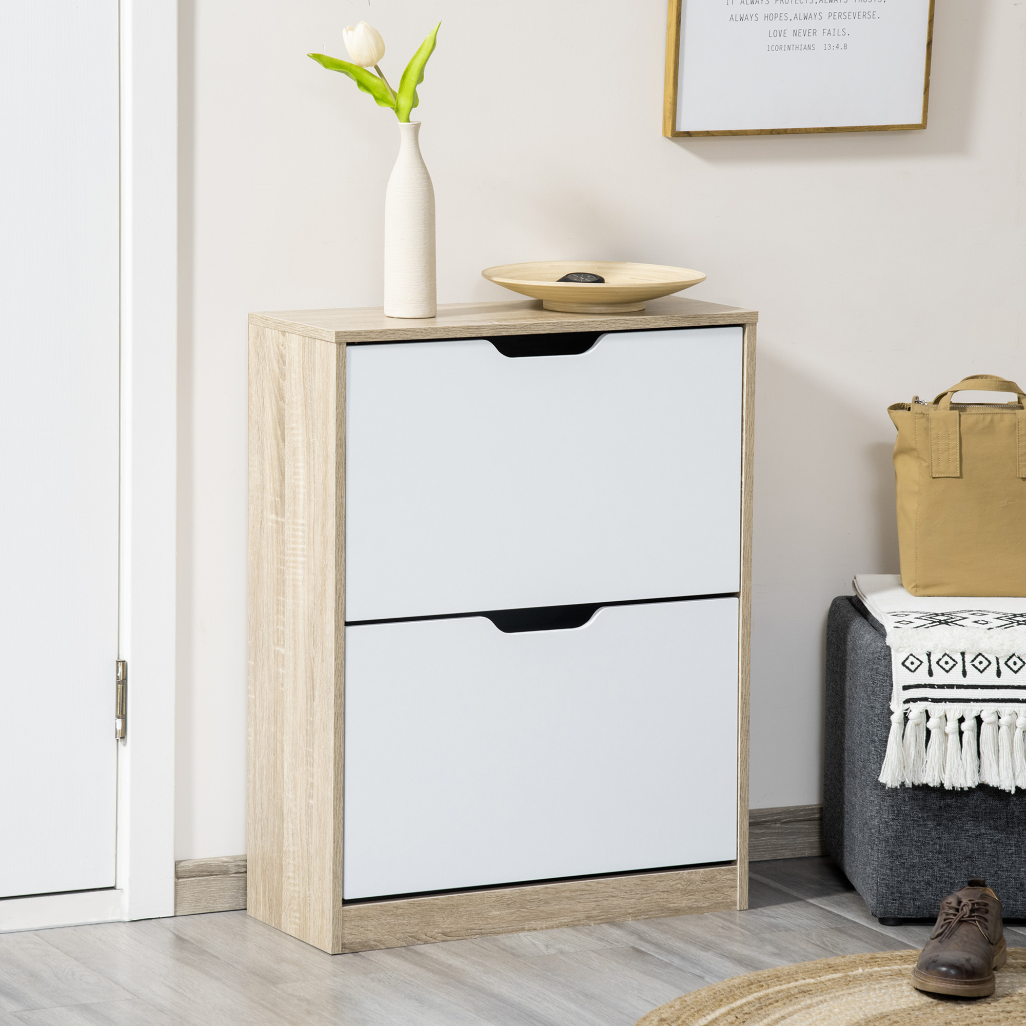 Homcom Mobile Scarpiera Salvaspazio Slim a 2 Cassetti per 8 Paia di Scarpe 62.5x26x81 cm, Legno e Bianco  Aosom Italy