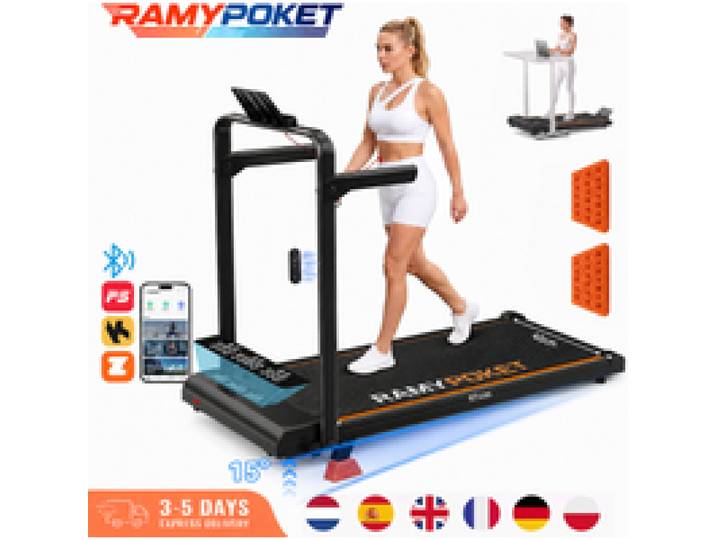 Ramypoket Opvouwbare Loopband 15% Helling, Loopband 12Km/u, App/Led, Kantoorloopband 150kg Max. Belasting