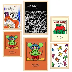 POSTER Set Mit 6 Ikonische Keith Haring Pop Art A3 & A4 Rahmen Aus Hellem Holz