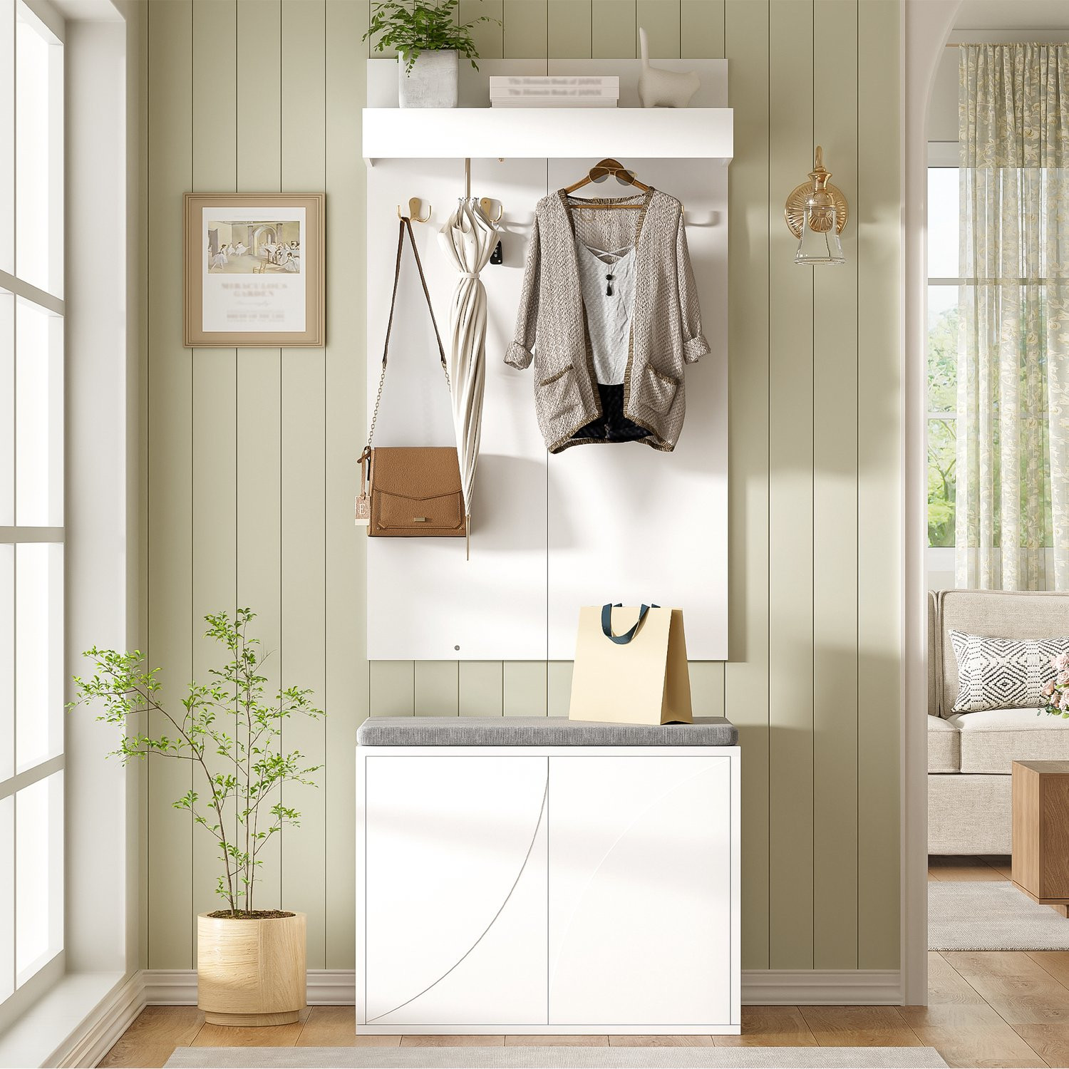 CHICFURN Schoenenkast 3-in-1 Garderobeset met 2 Deuren en 4 Haken - Wit
