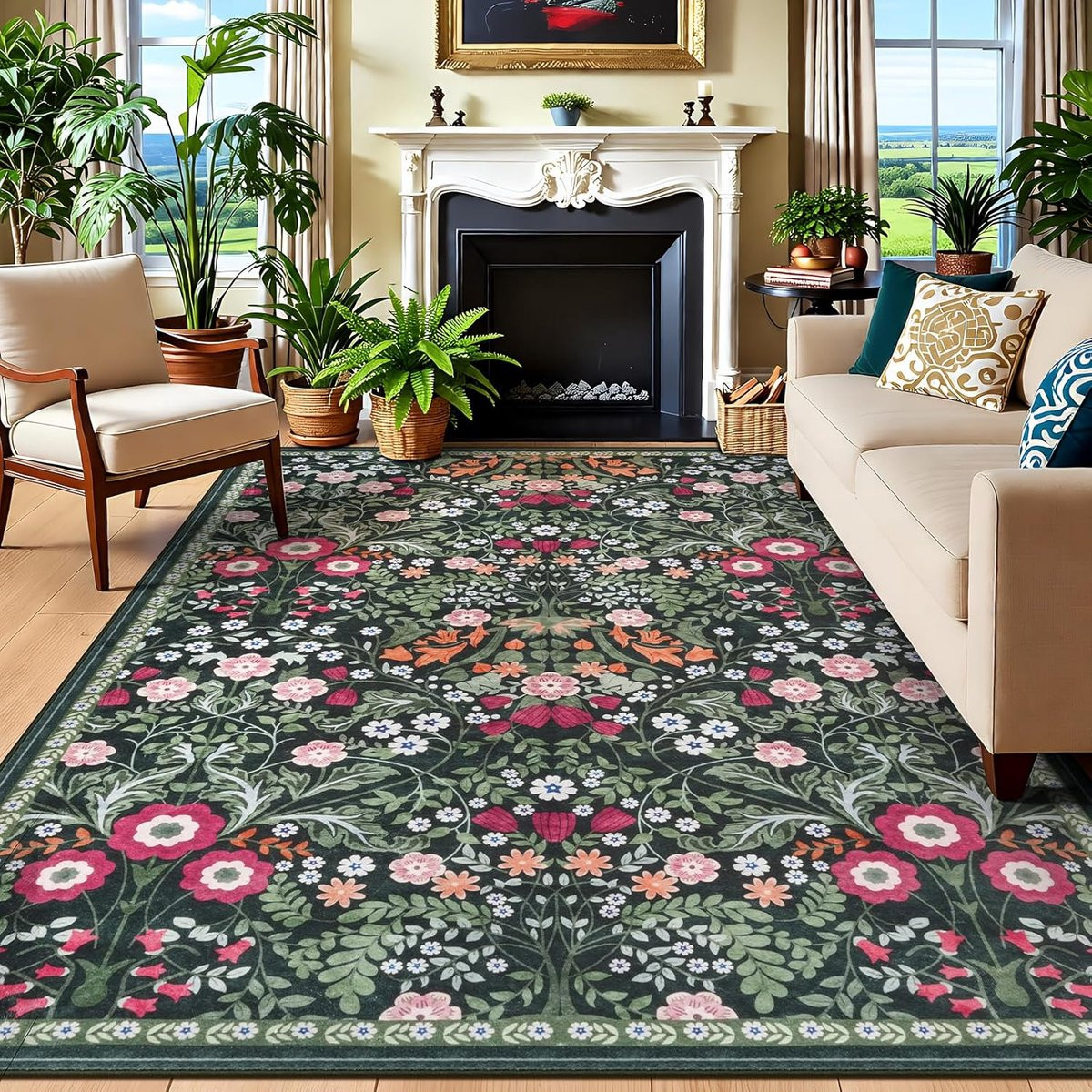 Boho-stijl vloerkleed met bloemenpatroon, groen, faux fur, rechthoekig