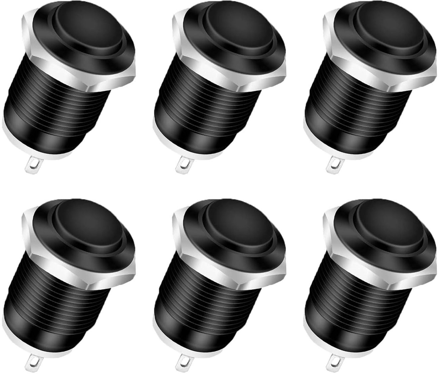 Zwarte 12mm Waterdichte Drukknop Set van 6 Stuks - RVS, Directe Schakeling, 2A 12V/24V/125V/250VAC