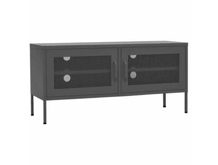 GHVBNMF TV-Lowboard Anthrazit 105x35x50 cm Stahl TV-Schrank Fernsehtisch Robustes TV-Möbel aus Stahl für Wohnzimmer, mit Kabeldurchlässen, Gittertüren und verstellbaren Füßen für sicheren Stand.