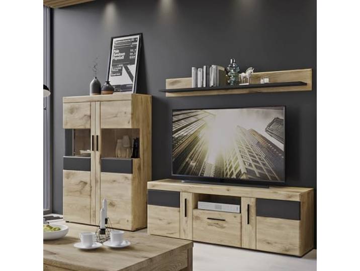 möbelando Wohnwand >Grano< (3-teilig) in Viking Eiche Dekor - 259x170x41 (BxHxT)