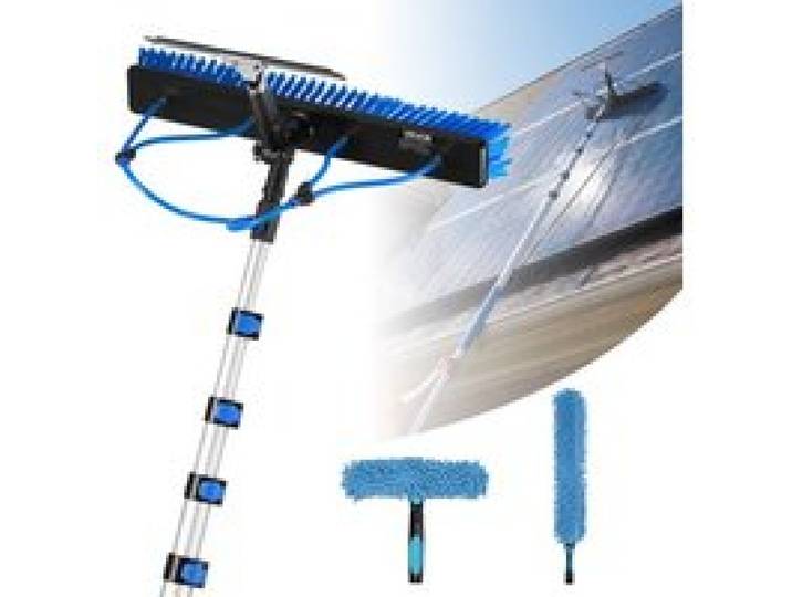 VEVOR 2-in-1 Teleskop Waschbürste für Solarpanel, Photovoltaik Reinigungsset mit 2-10m Alu-Teleskop 20m Wasseranschluss Abzieher & Seifenspender, Reinigungsbürste für Solaranlage Fenster Terrassendach