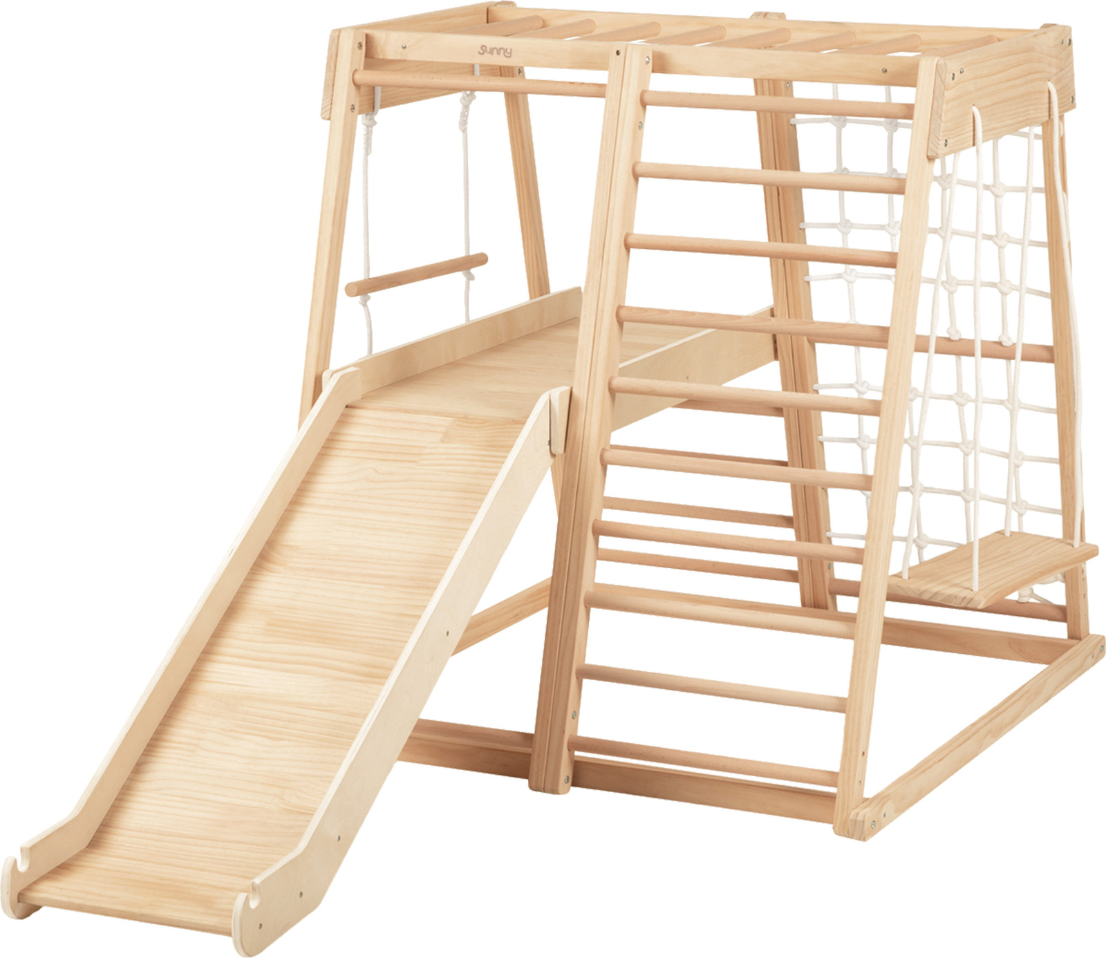 Sunny Mickie Klimtoren met Glijbaan, Schommel en Touwladder van Hout in naturel - Indoor Klimrek voor Kinderen - Montessori Speelgoed