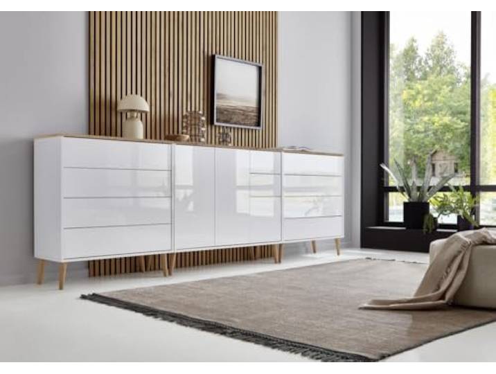 BMG Möbel Sideboard mit Holzfüße »Mailand Set 8«, Korpus weiß matt und weiß lackierte Hochglanzfronten, Oberboden in Artisan Eiche