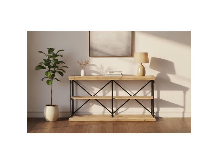 Landscape Regal, Schwarz, Tannenholzfarben, Holz, Metall, Tanne,Tanne, massiv, 1 Fächer, 162x86x43 cm, stehend, Holzmöbel, Holzregale, Bücherregale Holz
