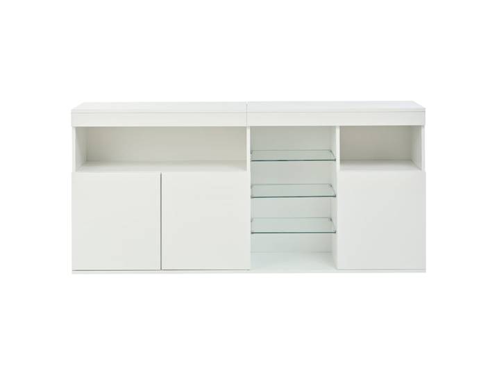 Buffet blanc brillant avec LED intégrée et étagères en verre
