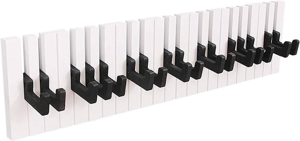 Wandkapstok Piano Wit met 16 Haken en Sleutelrek - Breedte: 47 cm