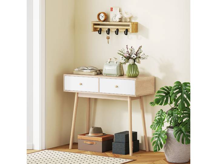 HOMCOM Table Console 2 Tiroirs Bois Chêne/Blanc 86x35x75 cm