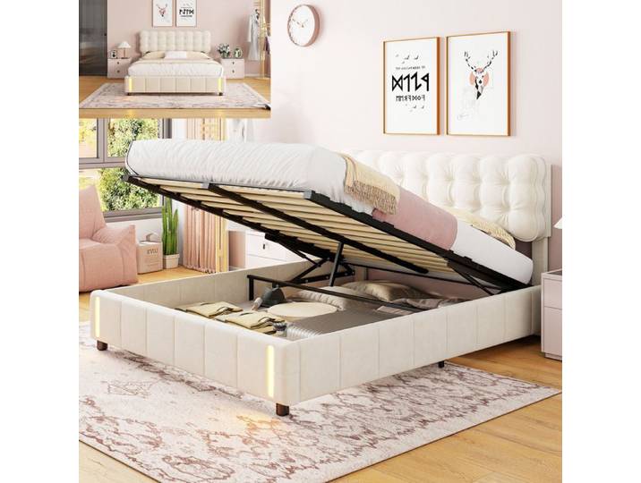Lit coffre 140x200 cm avec LED lit 140x200 cm avec sommier à lattes lit adulte 140x200 cm tissu en velours lit Queen beige