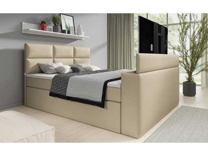 Boxspringbett Carre mit TV Lift und USB - 180x200 - Weiß - H2 (bis 70kg) - Luxusbetten24